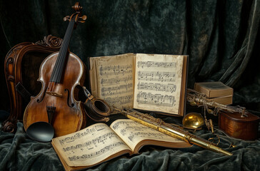 Fototapeta premium Musical Instruments and Scores Elegantly Placed on a Velvet Curtain