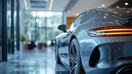 Fototapeta premium Close-up of a Silver Sports Car's Rear End in a Showroom