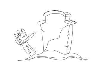 Continuous single line sketch drawing of spooky horror scary zombie hand arise from gravestone grave cemetery memorial halloween concept one line art vector illustration