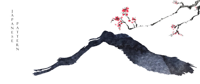 Fuji mountain with plum flower branch vector in Japanese style. Abstract art landscape background with ink illustration. Chinese painting brush storke background