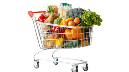 shopping cart with groceries on a white transparent background
