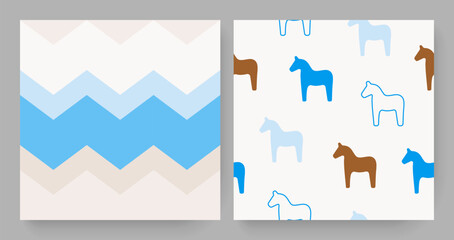 Set of seamless prints in blue, milky white, beige and brown pastel colors. Graphical elements with zigzag and cute pony horses silhouette. Vector illustration. Use it as wallpaper or for textile.