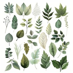 Illustrated collection of green botanical leaves, minimalist nature design