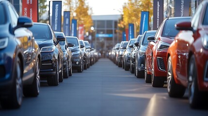Automotive Dealership Lot: A large, well-organized car dealership lot with a variety of vehicles, from sedans to SUVs, parked neatly in rows. The dealership building is visible in the background,