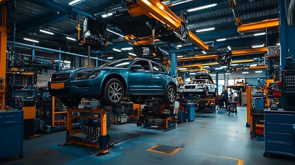 Naklejka premium Car Repair Shop: A professional auto repair shop with vehicles lifted on hydraulic platforms. Mechanicsâ€™ tools, diagnostic equipment, and spare parts are neatly arranged. The image highlights