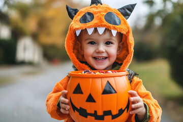 Happy child in a pumpkin costume holding a Halloween candy bucket with a big smile outdoors