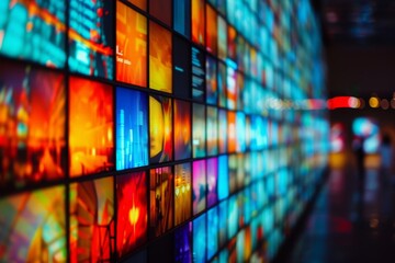 Wall of televisions displaying various colorful broadcasts