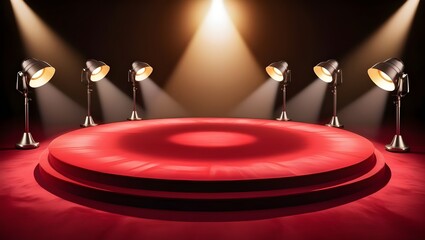 Fototapeta premium Spotlight on the Red Carpet round stage with Stage Lighting , created with generative AI technology