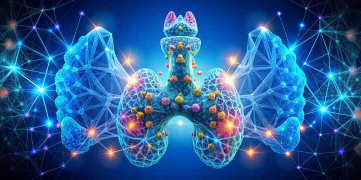 A 3D vector representation of thyroid antibodies attacking the thyroid gland, set against a gradient blue backdrop evoking a sense of biological complexity