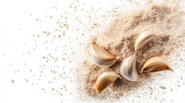 Fresh garlic cloves and garlic powder on a white background. Perfect for culinary and cooking concepts.