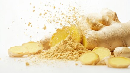 Fresh ginger root with slices and powdered ginger on a white background, showing the versatility of this popular spice in culinary uses.