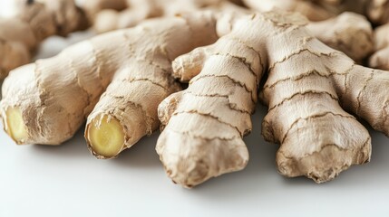 Fresh ginger roots on a white background showcasing their natural texture. Perfect for culinary, health, and wellness stock images.