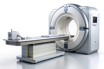 Against a stark white background, a detailed illustration of a helical  scanner's internal mechanisms and components, including the X-ray tube, detectors, and gantry