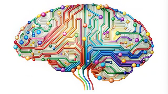 Stylized representation of a human brain as a complex data storage system, with colorful neural pathways resembling circuit boards, set against a clean white background to emphasize clarity