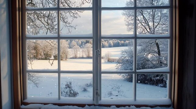 A cozy window with a view of a snowy landscape, creating a peaceful and serene winter scene with soft falling snow and frosty trees  Seamless looping 4k time-lapse virtual video animation Generated AI