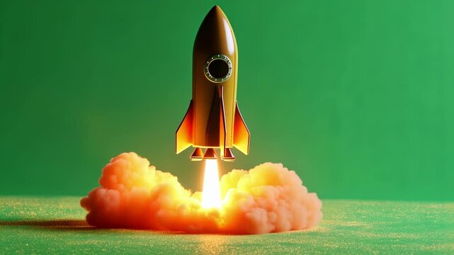 Vibrant yellow rocket ship takes off with fiery flames against a green backdrop, symbolizing innovation and adventure. Perfect for business startups and space travel concepts