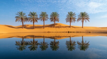 Fototapeta premium Six Palm Trees Reflecting in a Desert Oasis Pool