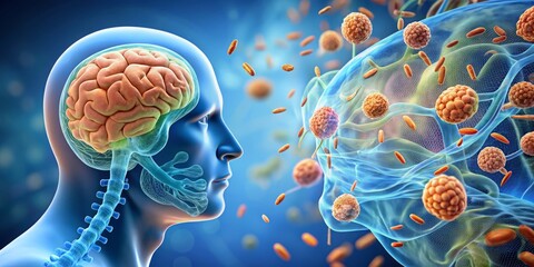 A detailed illustration of meningitis bacteria invading the meninges, the protective membranes surrounding the brain and spinal cord