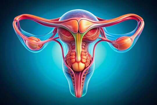 Transparent background illustration of a 3D pelvic ultrasound image showcasing the uterus and surrounding organs with vibrant colors and precise details 