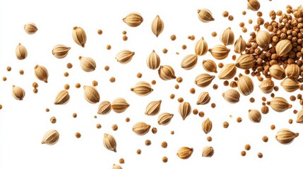 Obraz premium Scattered coriander seeds on white background. High-quality stock photo perfect for culinary, food, or spice related projects.