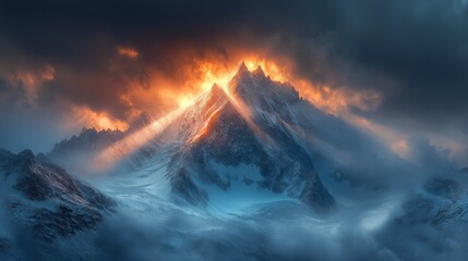 Majestic Mountain Peak Bathed in Dramatic Golden Sunset Light