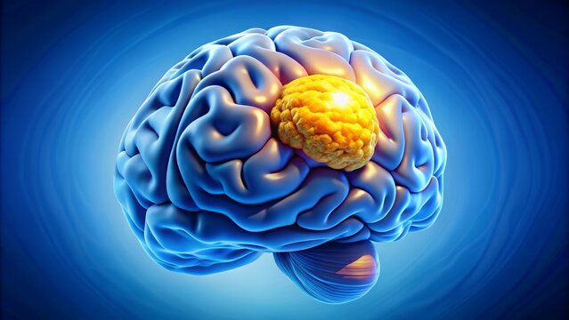A 3D vector representation of a brain affected by medulloblastoma, set against a soft gradient blue backdrop, with the tumor depicted in a bold yellow color