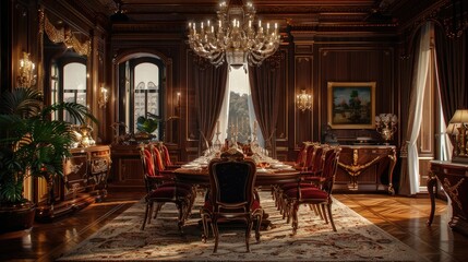 Fototapeta premium Majestic and Ornate Interior of a Historic Palace with Antique Furniture Lavish Chandeliers and Exquisite Decorative Elements Showcasing Refined Elegance and Regal Sophistication