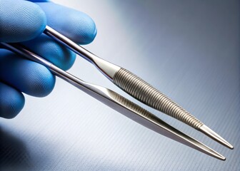 Microsurgical forceps and needle holder in use, surrounded by subtle hints of a surgical environment, such as a faint grid pattern and soft focus highlights