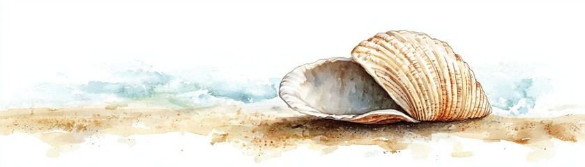 A beautifully illustrated seashell resting on a sandy beach, capturing the essence of coastal tranquility and nature's artistry.