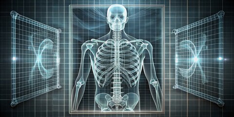 A detailed, 3D illustration of an optimized x-ray workflow, set against a neutral, grayscale background with subtle grid patterns, emphasizing accuracy and precision with rich