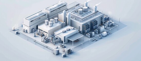 Aerial view of a futuristic city landscape featuring a complex network of modern architectural and industrial structures arranged in a geometric grid layout