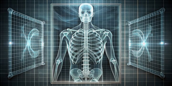 A detailed, 3D illustration of an optimized x-ray workflow, set against a neutral, grayscale background with subtle grid patterns, emphasizing accuracy and precision with rich
