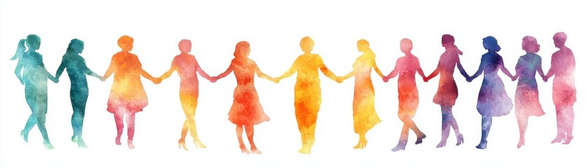 Fototapeta premium A vibrant watercolor illustration of diverse women holding hands, symbolizing unity and empowerment through color and movement.
