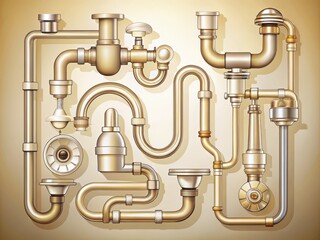 A precise and accurate illustration of a series of plumbing accessories, including faucets, drains, and pipes, arranged in a flowing, organic composition with delicate lines and shapes