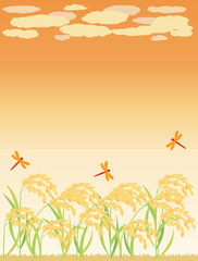 夕焼けと赤とんぼと稲穂の秋のイラスト　縦型バージョン © Rica Nohara