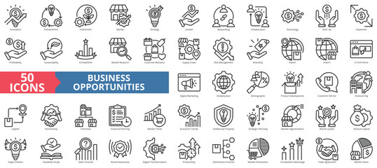 Business opportunities icon collection set. Containing innovation, entrepreneur, investment, market, strategy, networking, collaboration, technology icon. Simple line vector illustration.