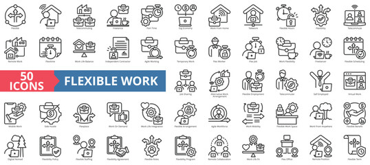 Flexible work icon collection set. Containing remote, telecommuting, freelance, part time, gig economy, work from home, telework and digital nomad icon. Simple line vector illustration.