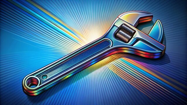 A detailed illustration of a wrench in a partially open position, set against a gradient blue background that gradates from light to dark