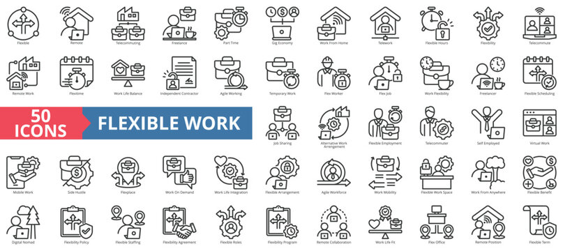 Flexible work icon collection set. Containing remote, telecommuting, freelance, part time, gig economy, work from home, telework and digital nomad icon. Simple line vector illustration.