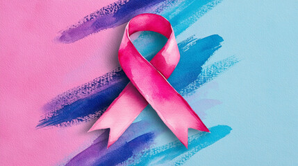 A pink ribbon on a colorful background symbolizing breast cancer awareness and support for health initiatives.