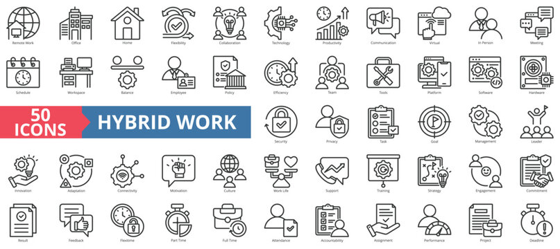 Hybrid work icon collection set. Containing remote work, office, home, flexibility, collaboration, technology, productivity, communication icon. Simple line vector illustration.