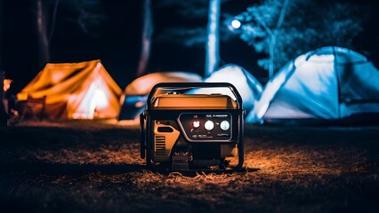 Portable generator powering a campsite at night