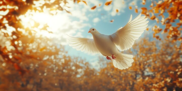 Pigeon flying freely, an allusion to peace and freedom