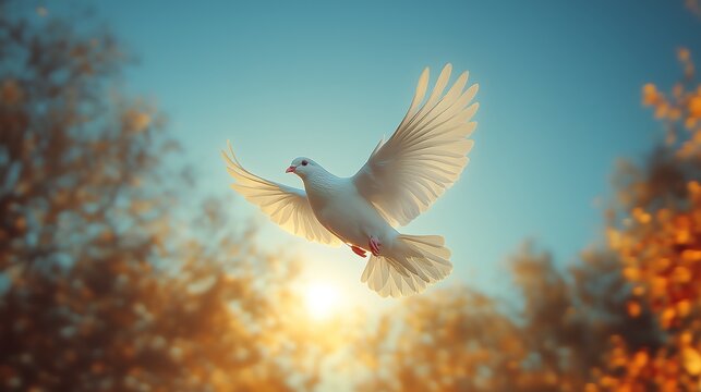 Pigeon flying freely, an allusion to peace and freedom