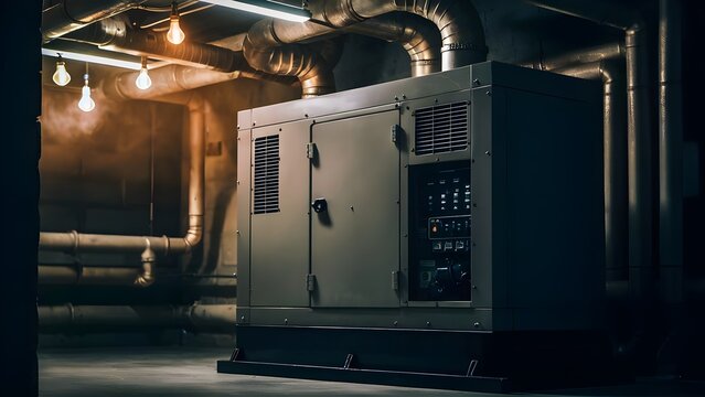 Backup generator in a dimly lit hospital basement