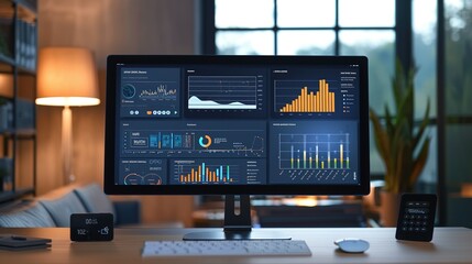 Network Monitoring Dashboard on Computer Monitor: Abstract Design Featuring Real-Time Data Analytics, Graphs, and System Health Indicators
