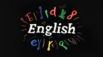 Word or title of "English" lettering drawn with white chalk on black background, idea for school learning process