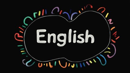 Word or title of "English" lettering drawn with white chalk on black background, idea for school learning process