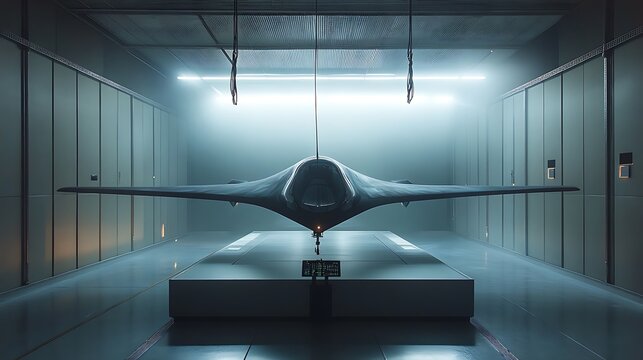 Wind Tunnel Testing: A futuristic aircraft model undergoing aerodynamic testing in a wind tunnel. The model is suspended in the tunnel, with air currents visibly flowing over its surface. Sensors