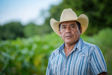 Hispanic male farmworker posing wearing a cowboy hat looking at the camera	